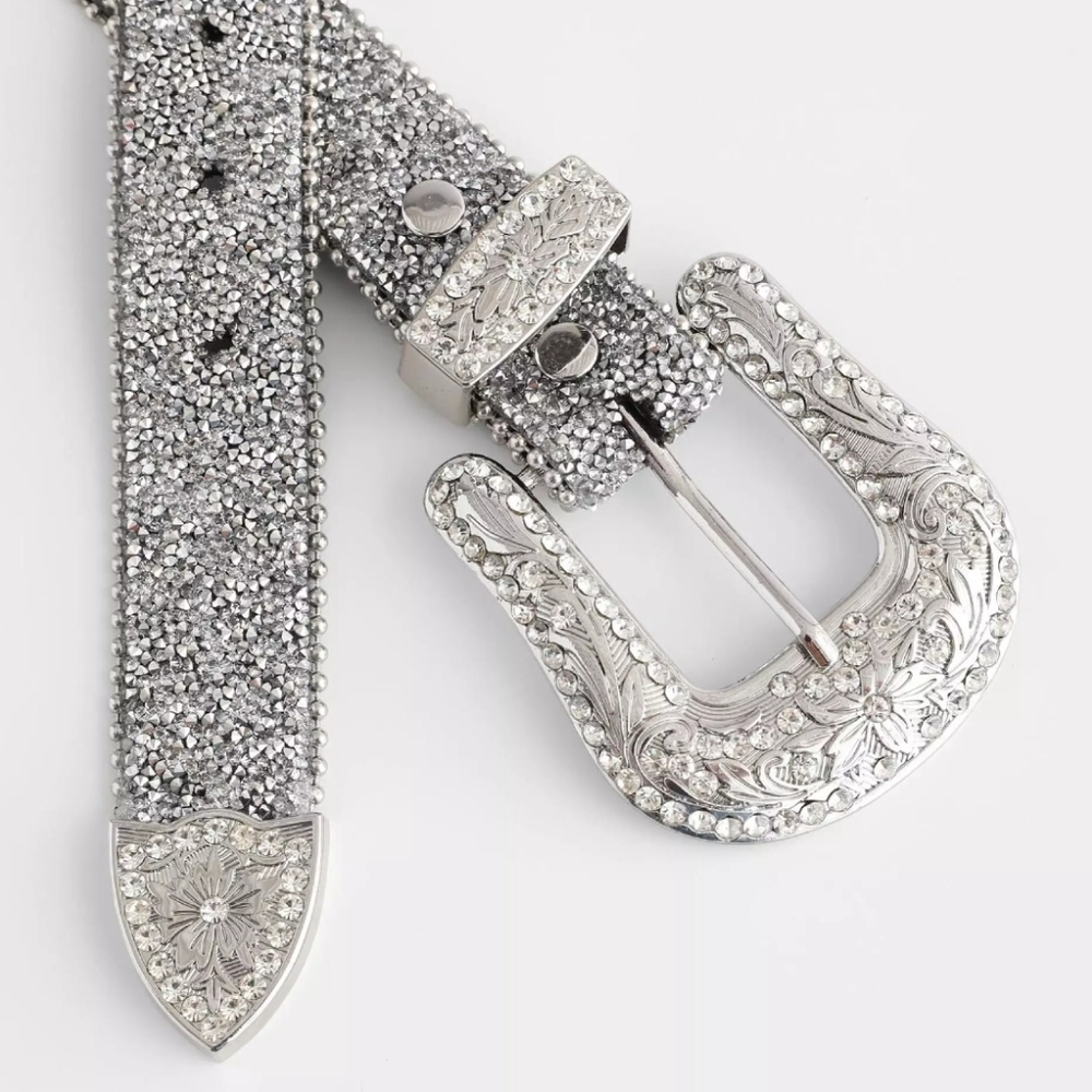 Silver Glitter & Rhinestone Etched Western Belt